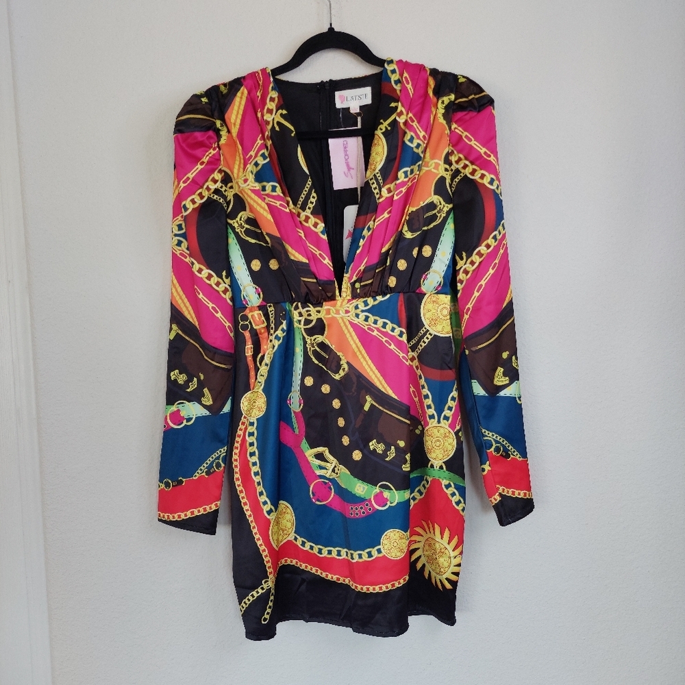 L'atiste V Neck Multicolored Long Sleeve Mini Dress Size Large NWT